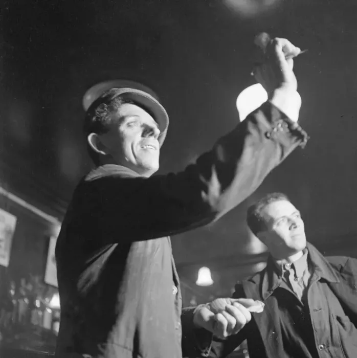 Framed Print : Glenlivet Distillery worker relax with a game of darts in a Rothes pub. Circa 1948 Framed Print : Glenlivet Distillery worker relax with a game of darts in a Rothes pub. Circa 1948