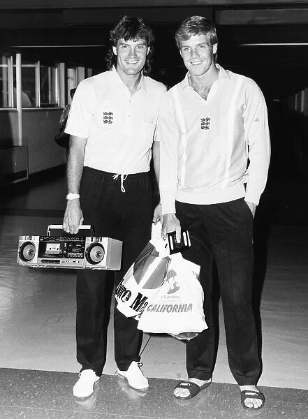 Glenn Hoddle left and Kerry Dixon arrive back home at Heathrow Airport with the England