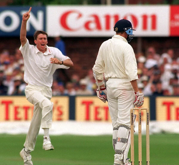 Glenn McGrath Australian bowler at Headingley July 1997 celebartes the wicket of