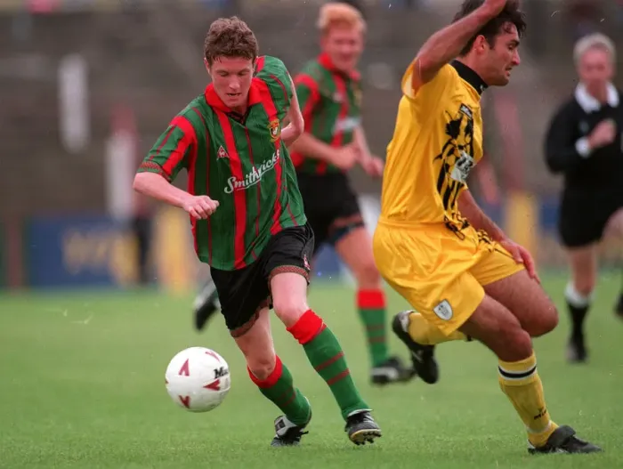 Framed Print : Glentoran v Notts County Football Match August 1996 Glentoran footballer Framed Print : Glentoran v Notts County Football Match August 1996 Glentoran footballer