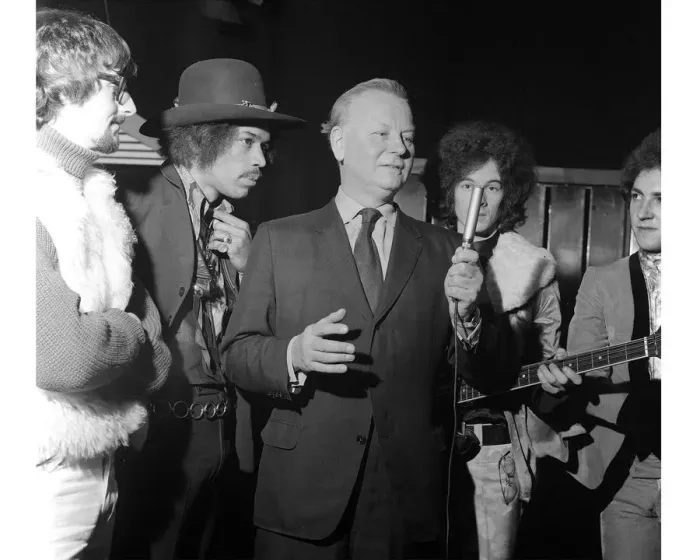 Framed Print : Godfrey Winn December 1967, singing makes singing debut on television, with Jimi Hendrix