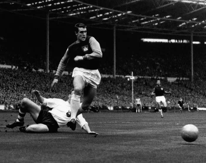 Framed Print : Goeff Hurst Football Player for West Ham United attacking the goal in the West Ham Framed Print : Goeff Hurst Football Player for West Ham United attacking the goal in the West Ham