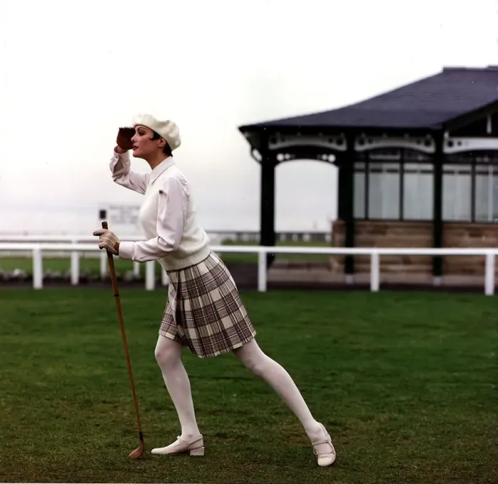 Framed Print : Golf Fashion cream hat waistcoat white blouse tartn mini kilt Framed Print : Golf Fashion cream hat waistcoat white blouse tartn mini kilt