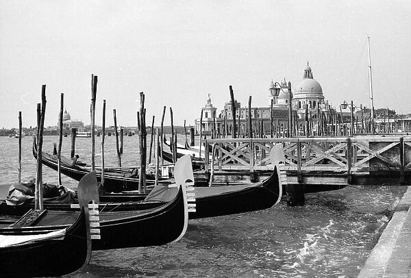 Gondolas moored with the Santa Maria della Salute church in the background in Venice