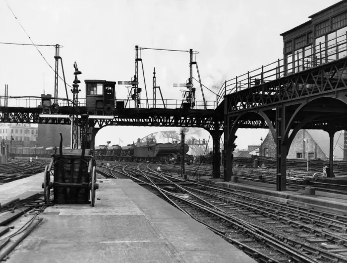 Framed Print : A goods train crossing the points outside Newcastle station on the last day semaphore arm