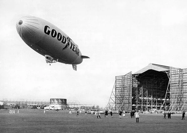 The Goodyear Europa airship rises above its hangar at RAF Cardington formerly the Royal