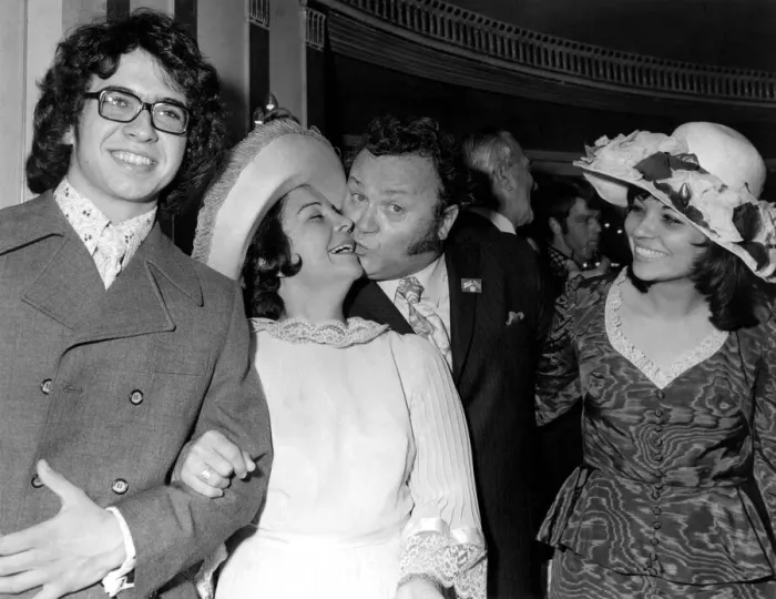Framed Print : Former Goon Harry Secombe receives a kiss from his wife Myra at the Variety