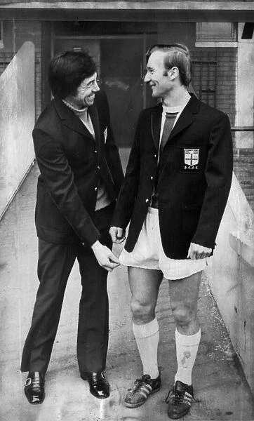 Gordon Banks (left) shares a joke with Stoke City team mate Peter Dobing as the squad get