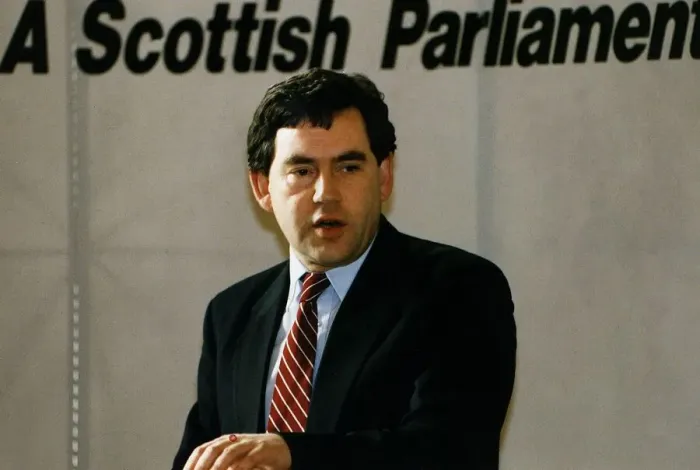 Framed Print : Gordon Brown MP Labour party politician speaking under devolution slogan A Scottish Framed Print : Gordon Brown MP Labour party politician speaking under devolution slogan A Scottish