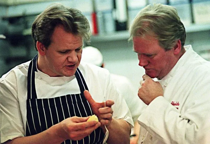 Framed Print : Gordon Ramsay Chef February 1999 with Daily Record reporter Bob Shields in kitchen Framed Print : Gordon Ramsay Chef February 1999 with Daily Record reporter Bob Shields in kitchen