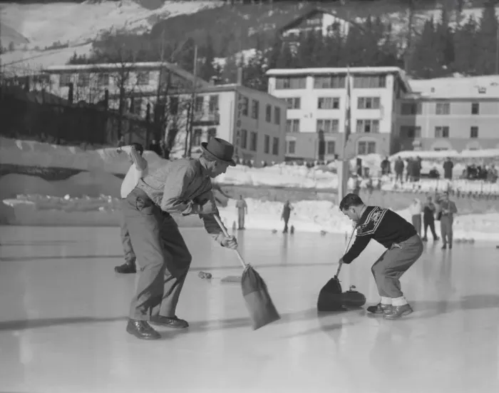 Framed Print : Gordon Richards, jockey, competing in Curling Championships at St. Moritz, Switzerland Framed Print : Gordon Richards, jockey, competing in Curling Championships at St. Moritz, Switzerland