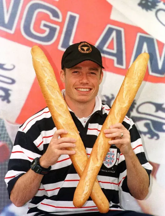 Framed Print : Graeme Le Saux at England press conference June 1998 with baguettes prior to match