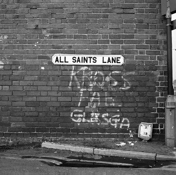 Graffiti covered wall after a football match February 1975 75-01052-012