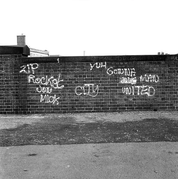 Graffiti covered wall after a football match February 1975 75-01052-006