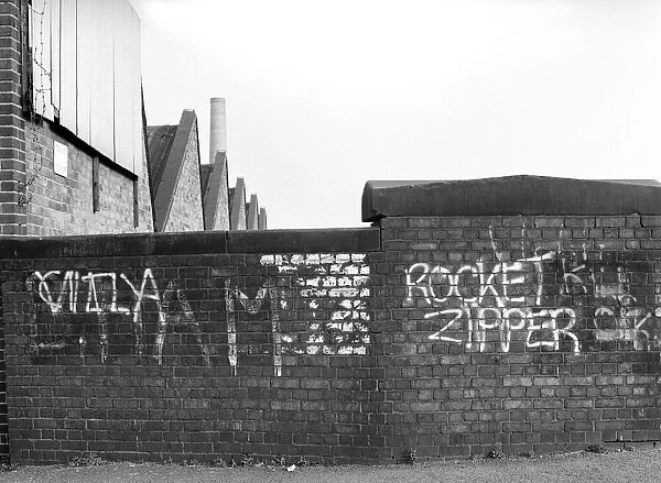 Graffiti covered wall after a football match February 1975 75-01052-011