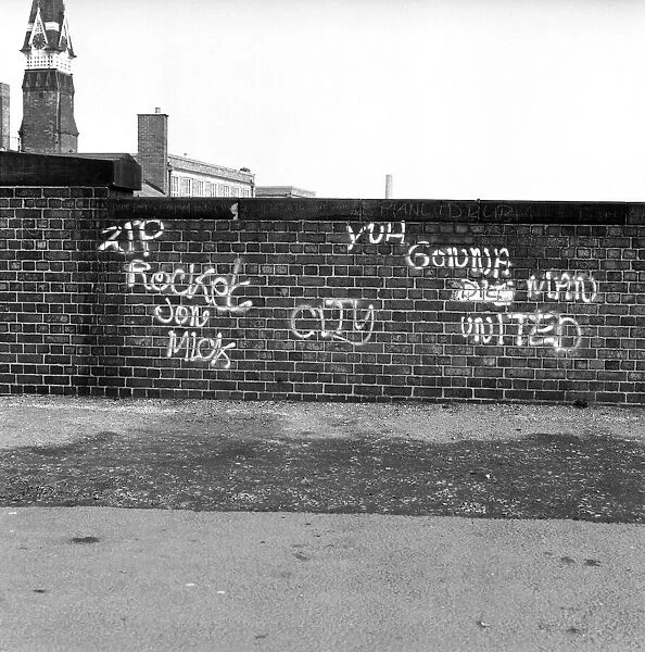 Graffiti covered wall after a football match February 1975 75-01052-009