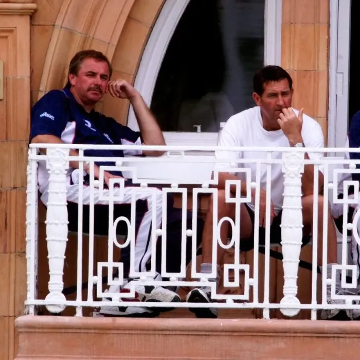 Framed Print : Graham Gooch and David Graveney on dressing room 1999 Balcony at Lords during