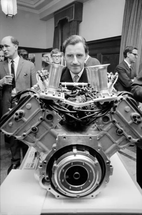 Framed Print : Graham Hill looks at the first ever Ford Formula 1 engine in Ford Regent Street Framed Print : Graham Hill looks at the first ever Ford Formula 1 engine in Ford Regent Street