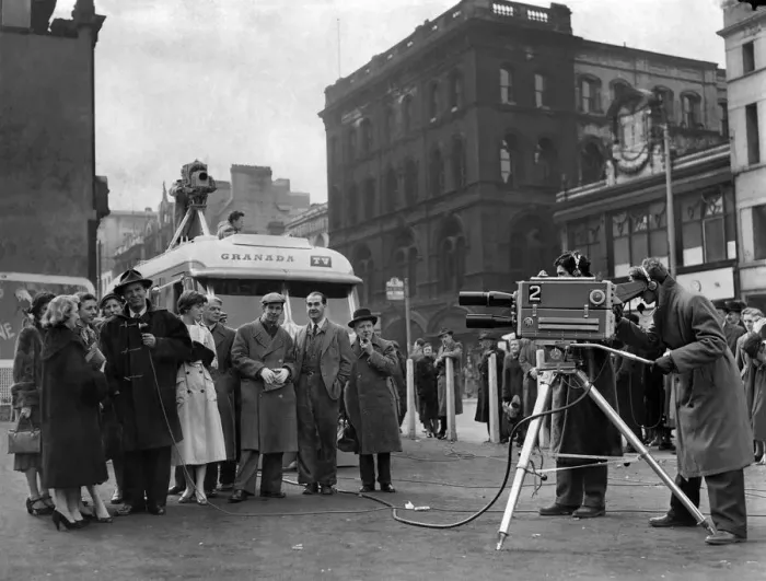 Framed Print : Granada TV, interview Manchester people for their regional news programme