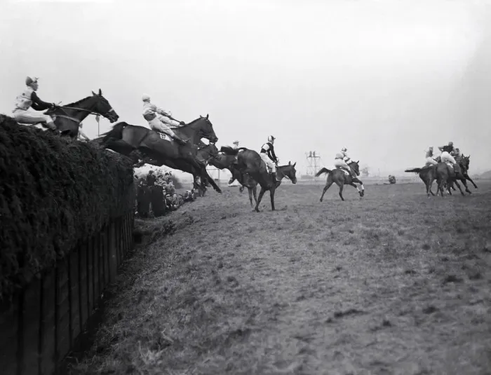 Framed Print : The Grand National 1949. Winner Russian hero'leads over Bechers Brook Framed Print : The Grand National 1949. Winner Russian hero'leads over Bechers Brook