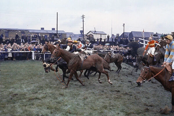 Grand National Horserace held at Aintree, Liverpool. Foinavon, wearing hood