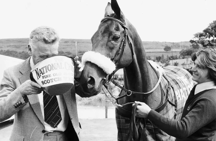 Framed Print : Grand National winner Red Rum with trainer Ginger McCain drinking from bucket 26th Framed Print : Grand National winner Red Rum with trainer Ginger McCain drinking from bucket 26th