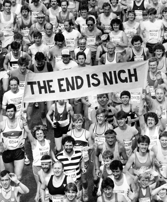 Framed Print : The Great North Run 30 June 1985 - Fun runners carrying a banner featuring the
