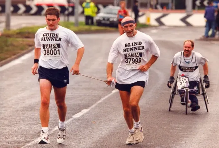 Framed Print : The Great North Run 4 October 1998 - A blind runner with his guide Framed Print : The Great North Run 4 October 1998 - A blind runner with his guide