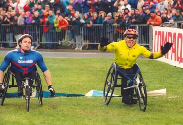 Framed Print : The Great North Run 4 October 1998 - The close finish of the wheelchair race