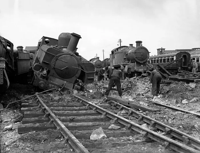 Framed Print : Great Western Railways depot at Newton Abbot was hit during a night of bombing in Framed Print : Great Western Railways depot at Newton Abbot was hit during a night of bombing in