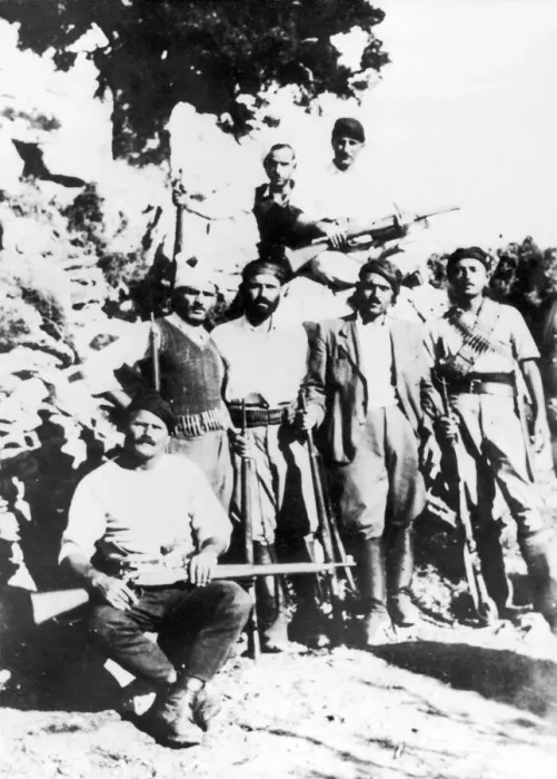 Framed Print : Greek guerialla fighters in the mountains of Crete wearing the traditional headdress Framed Print : Greek guerialla fighters in the mountains of Crete wearing the traditional headdress
