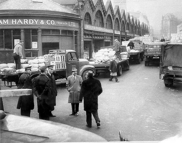 The Green Market, Newcastle in 1965. A strike by 150 porters had held up delivery of