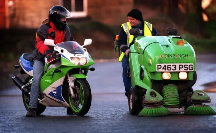 Framed Print : Greg Walker on green motorbike and Stuart Harden with his green machine road cleaner for Framed Print : Greg Walker on green motorbike and Stuart Harden with his green machine road cleaner for