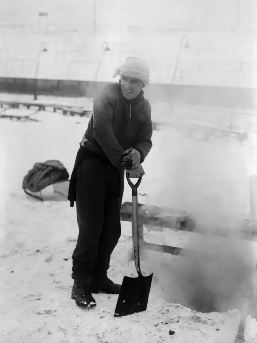 Framed Print : Grounds staff at Bristol Rovers Eastville Stadium struggle to clear snow from the pitch