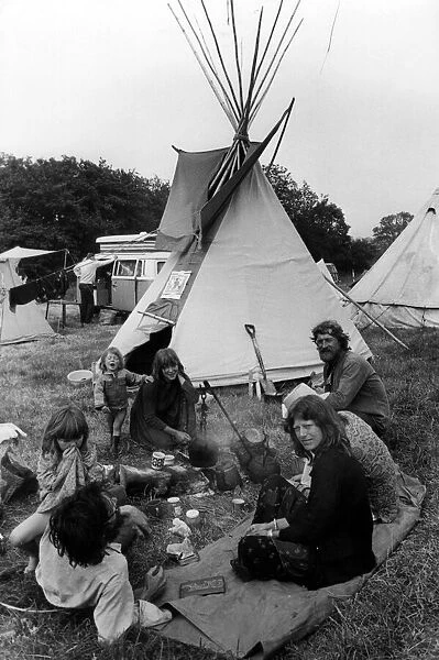 A group of campers at the 1979 Glastonbury Festival