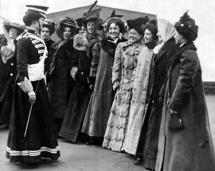 Framed Print : A group of ladies all wearing long coats and hats during an inspection for Whitehall Framed Print : A group of ladies all wearing long coats and hats during an inspection for Whitehall