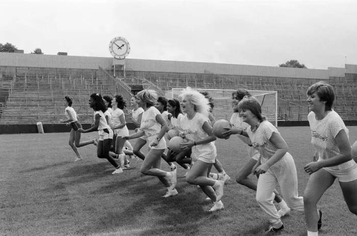 Framed Print : A group of model girls, known as The Exhibitionists, are training for a 5-a-side football Framed Print : A group of model girls, known as The Exhibitionists, are training for a 5-a-side football
