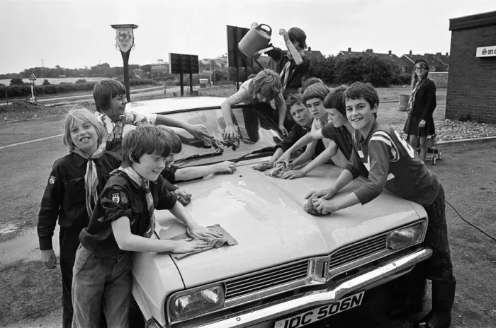 Framed Print : A group of Scouts washing a car, Marton, Middlesbrough. 1976 Framed Print : A group of Scouts washing a car, Marton, Middlesbrough. 1976