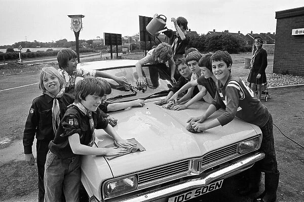 A group of Scouts washing a car, Marton, Middlesbrough. 1976