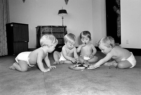 A group of young babies seen here getting into a mess with a chocolate cake at a babies