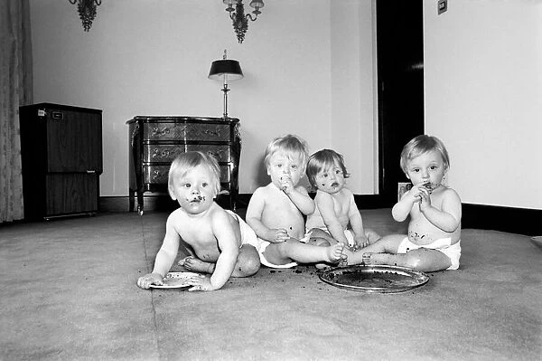 A group of young babies seen here getting into a mess with a chocolate cake at a babies