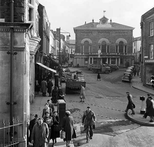Guildhall Square in Carmarthen, Carmarthenshire, Wales. Circa 1952