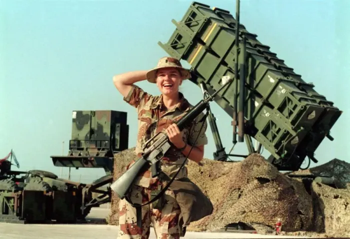 Framed Print : Gulf War Operation Desert Storm. American Patriot defence missile system guarded by Framed Print : Gulf War Operation Desert Storm. American Patriot defence missile system guarded by