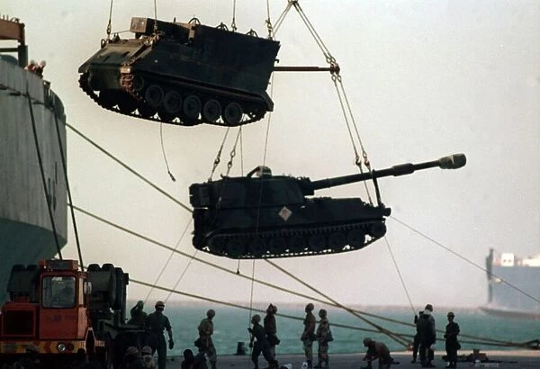 Gulf War Operation Desert Storm. Tanks and mobile guns are unloaded from transport ships