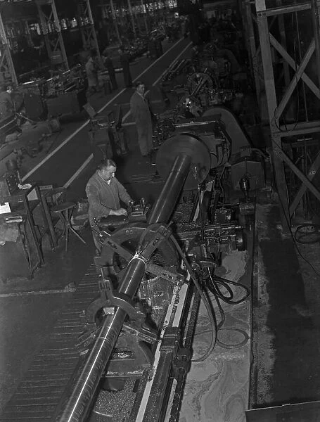 Gun barrels for tanks under construction at the Royal Ordnance Factory, Llanishen