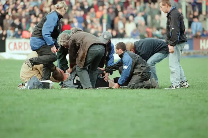 Framed Print : Gwyn Jones (number 7 ) lies on the ground during the Cardiff verses Swansea Rugby Match