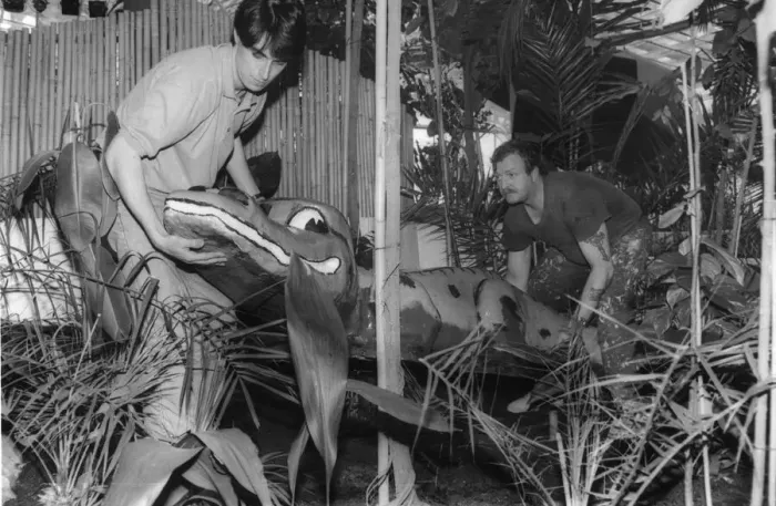 Framed Print : Gwyn Williams (left) and Fred Covell manoeuvred a fibreglass crocodile into place