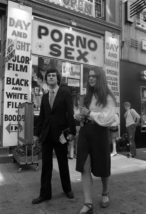 Framed Print : Gyles Brandreth and Susan Pegden in copenhagen Aug 1971 looking at porn shops