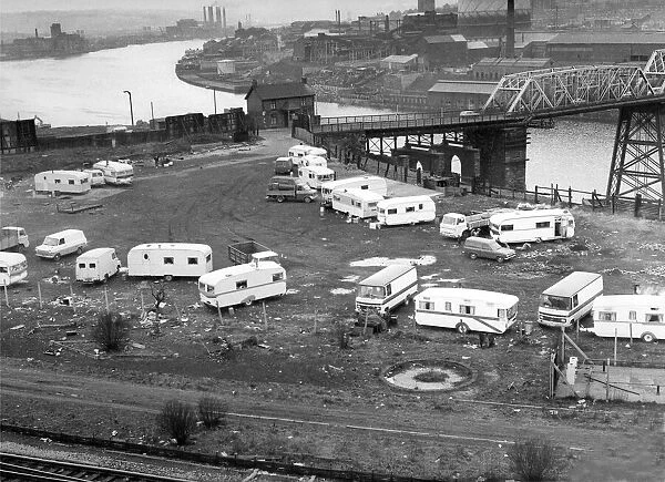 A gypsy caravan encampment at the Gateshead end of Redheugh Bridge in March 1971