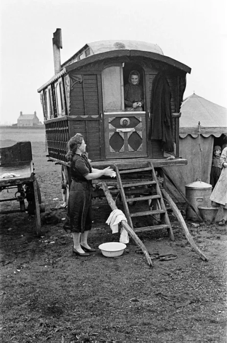 Framed Print : A Gypsy family outside their caravan. May 1947 Framed Print : A Gypsy family outside their caravan. May 1947